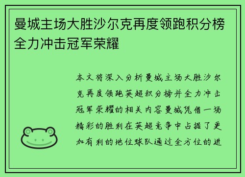 曼城主场大胜沙尔克再度领跑积分榜全力冲击冠军荣耀